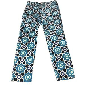 Trina Turk Blue White Geometric Mod Resort Pants Straight Leg Size 4